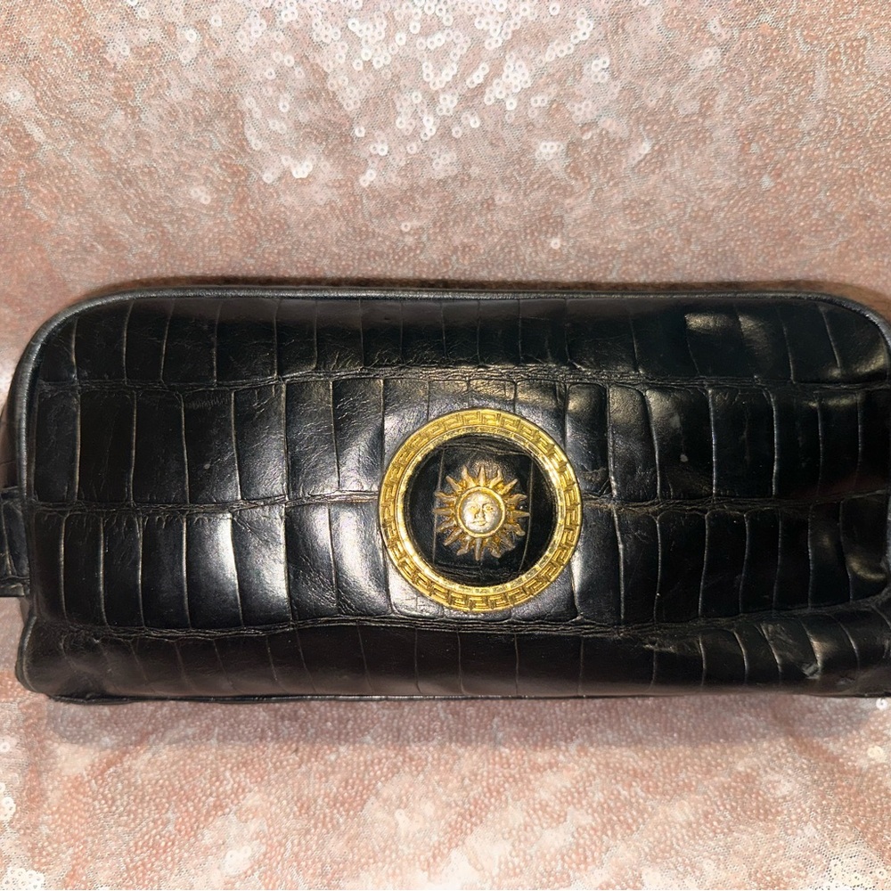Versace Black Croc-Embossed Bag with Gold Zipper